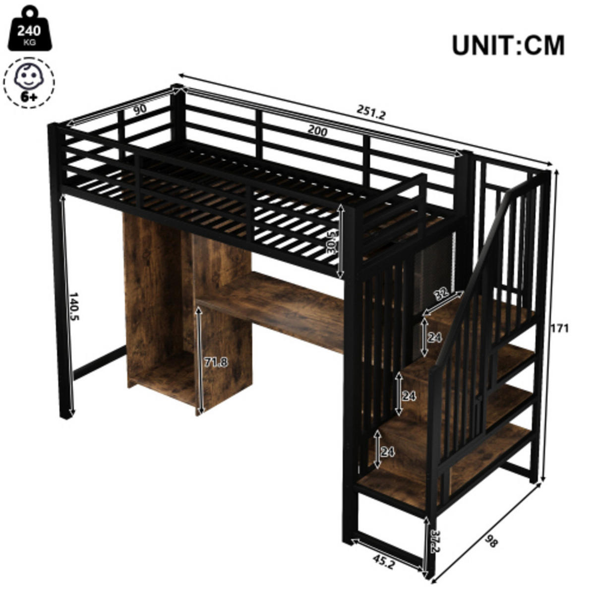 HOCHBETT 90x200 cm aus Metall und MDF mit Kleiderschrank, Schreibtisch und vielen Staufächern, Schwarz - Schwarz, Holzwerkstoff - Luhomfu