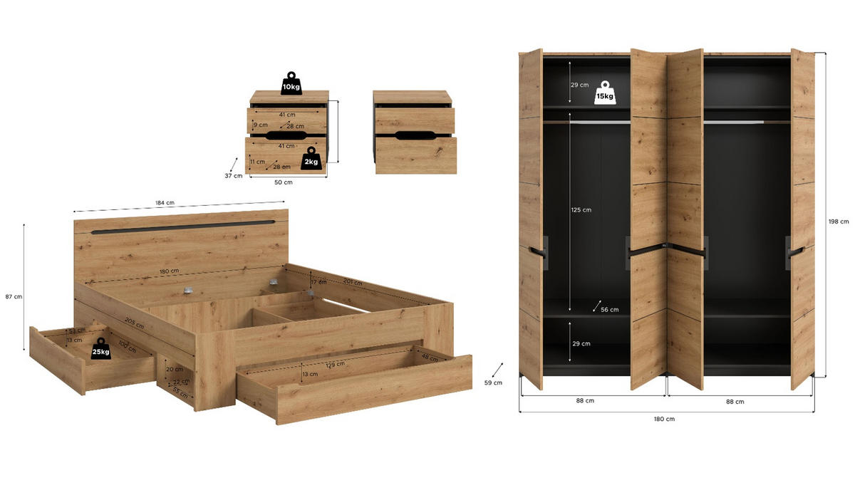 SCHLAFZIMMER Set 4-teilig Eiche Artisan, grau, Komplettset mit großem Kleiderschrank - Eiche Artisan/Grau, Holzwerkstoff/Metall - Inn.Furn