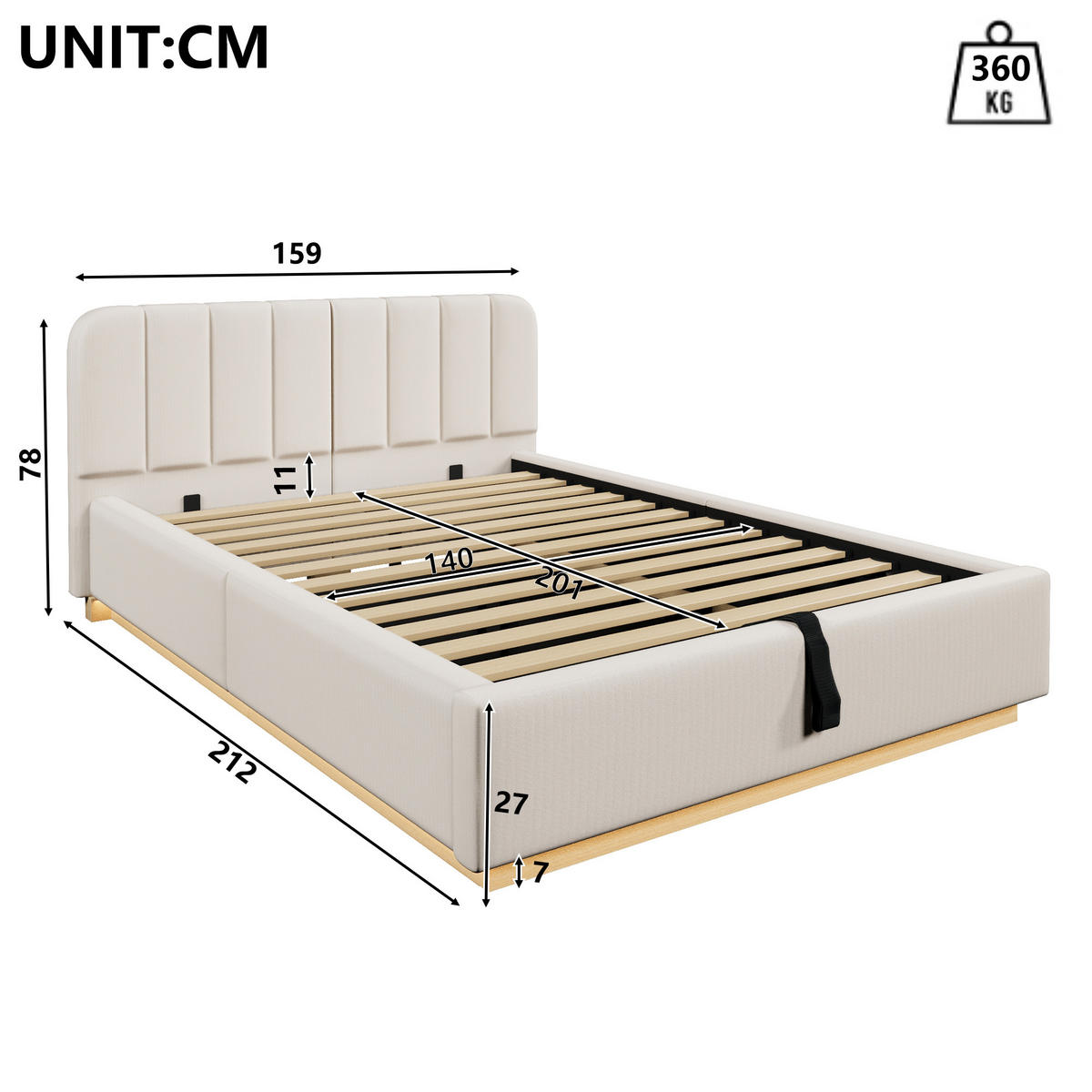 POLSTERBETT 140x200cm Lattenrost Hydraulik LED Chenille Beige - Beige, Holzwerkstoff (140/200cm) - FLIEKS