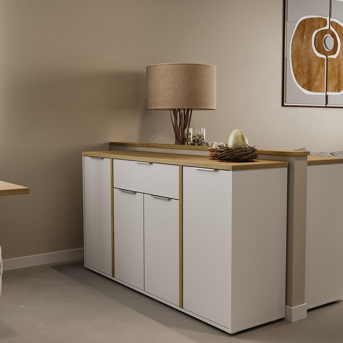 SIDEBOARD 4 Türen und 1 Schublade Dekor Eiche und matt Weiß B160,7 cm - ACCESS - Apfelbaumfarben, Holzwerkstoff (39.6/85.6/160.7cm) - Calicosy