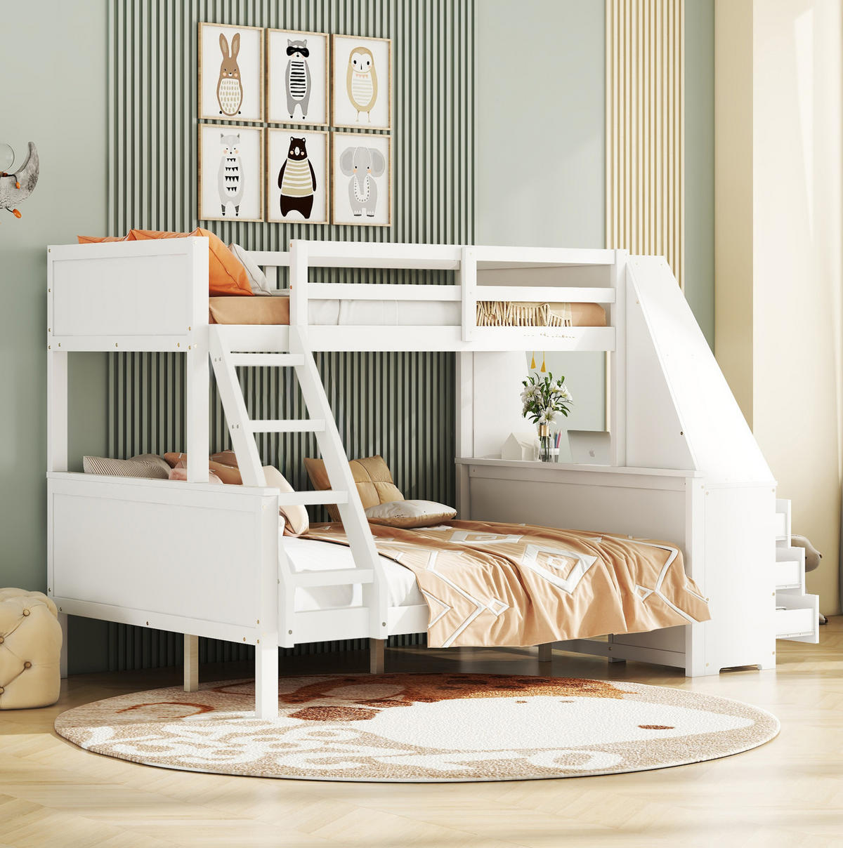 ETAGENBETT 90/200 + 140/200 cm aus Kiefer massiv und MDF mit Schreibtisch und Stauraum Weiß - Weiß, Holz (90/200cm) - Modenvie