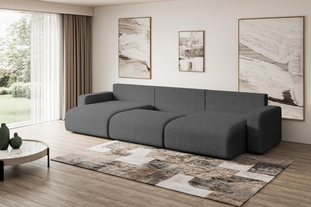 WOHNLANDSCHAFT mit Schlaffunktion und Bettkasten KLEEA-U - 347x143x83 cm Grau Bouclé - Schwarz/Grau, Holzwerkstoff/Kunststoff (347/83/143cm) - ALTDECOR