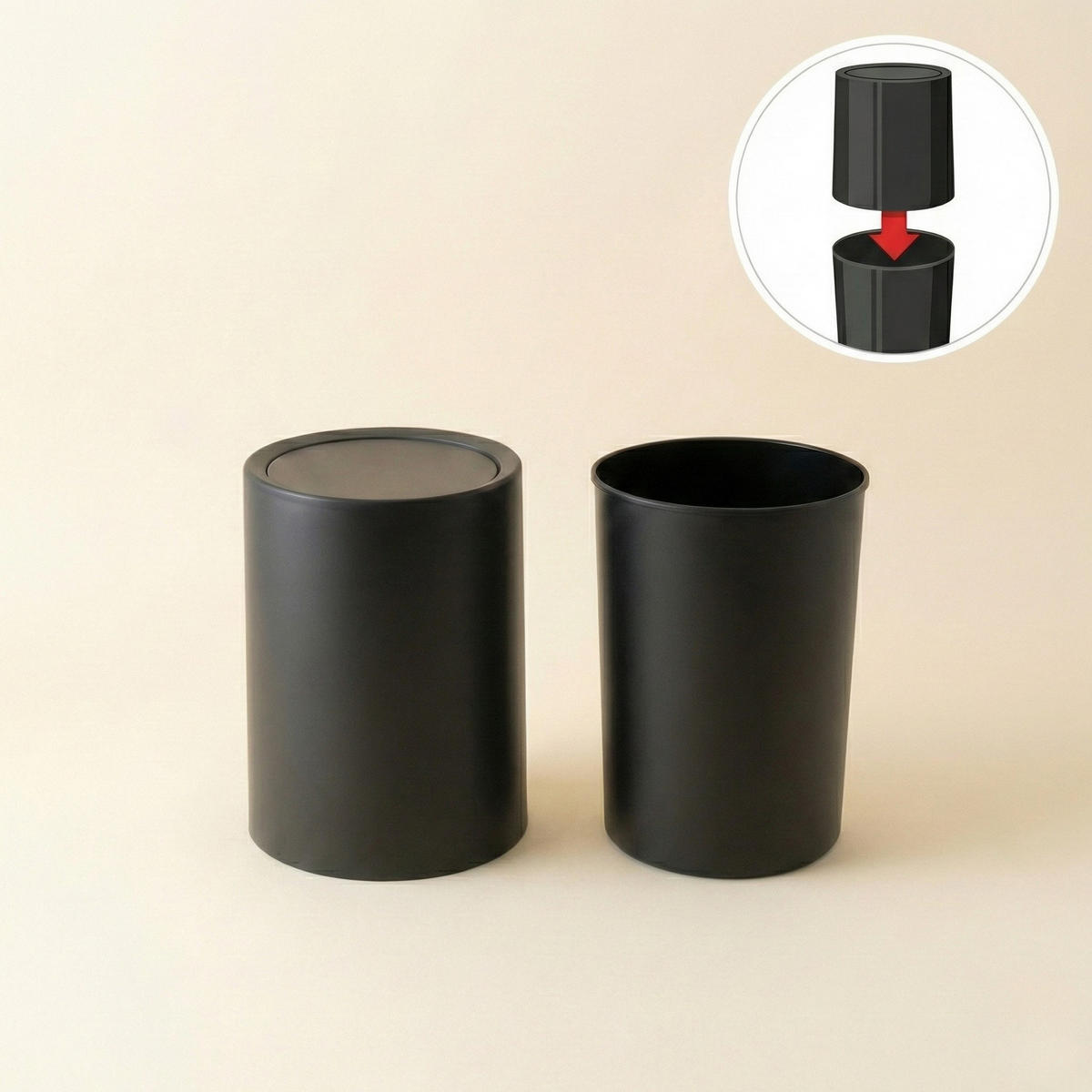 BADEZIMMER-MÜLLEIMER Rund 6 l 21/21/26 cm - Schwarz, Kunststoff (21/26/21cm) - NUXIO
