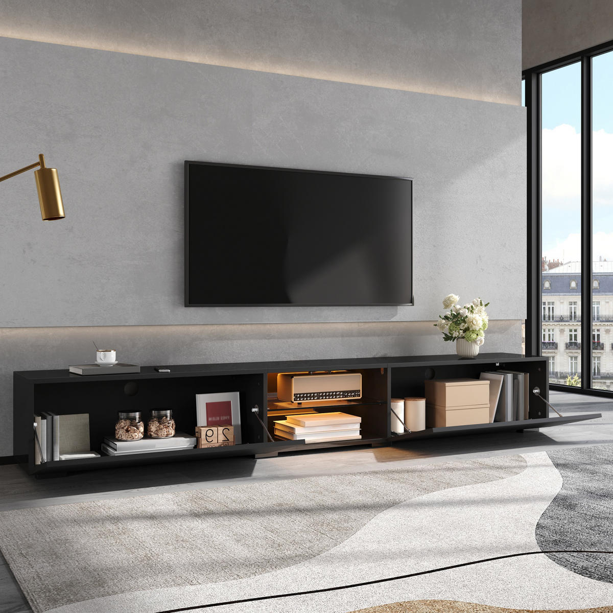 TV-SCHRANK 200/30/30 cm Schwarz mit LED-Beleuchtung und 2 Türen - Schwarz, Holzwerkstoff (200/30/30cm) - Oxeza