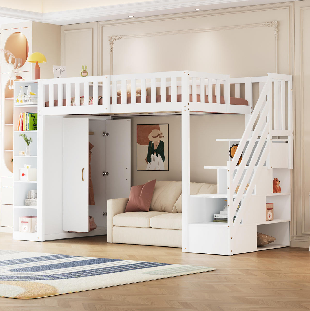HOCHBETT 90/200 cm in Weiß mit Leiter, Kleiderschrank und Stauraum - Weiß, Holzwerkstoff (90/200cm) - BEAOK