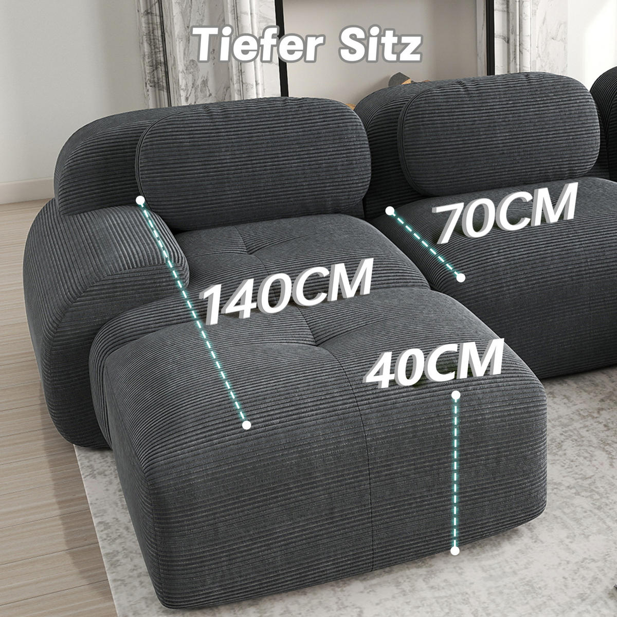 ECKSOFA 208/178/75 cm grau aus Cordstoff modular rahmenlos ohne Montage - Grau, Textil (178/208cm) - OKWISH