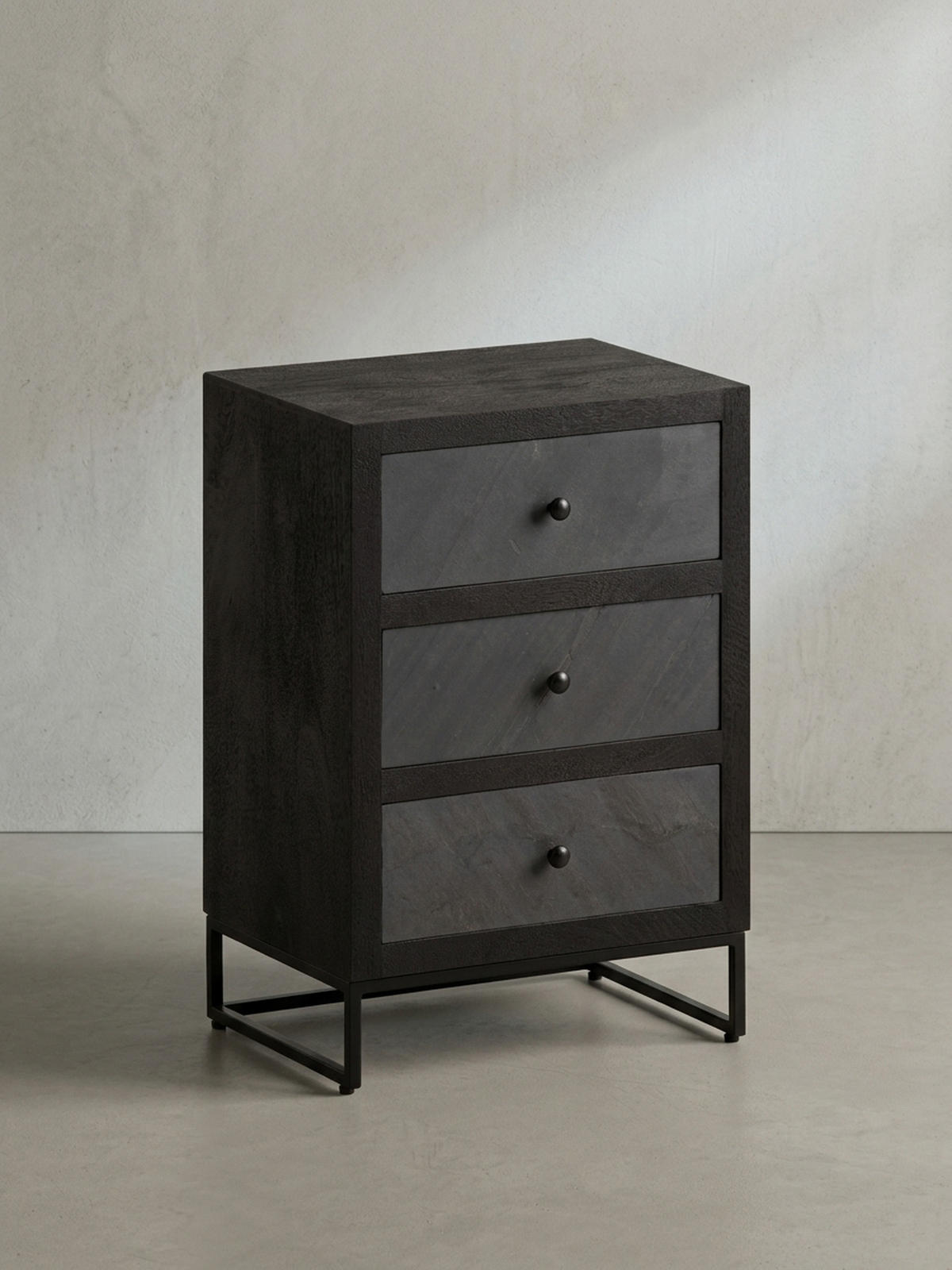 NACHTTISCH Massivholz Steinoptik 3 Schubladen Metallgestell, Schwarz 40x30x60 cm - Schwarz, Holz/Metall (40/60/30cm) - KADIMA DESIGN
