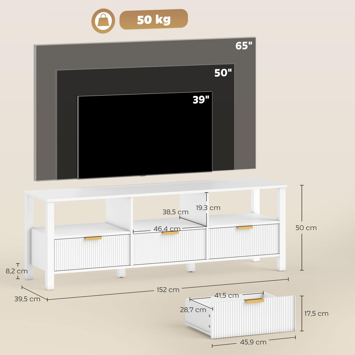 TV-LOWBOARD Weiß 152/39,5/50 cm, 3 Schubladen, 3 offene Fächer - Weiß, Holzwerkstoff (152/50/39.5cm) - PANGIVO