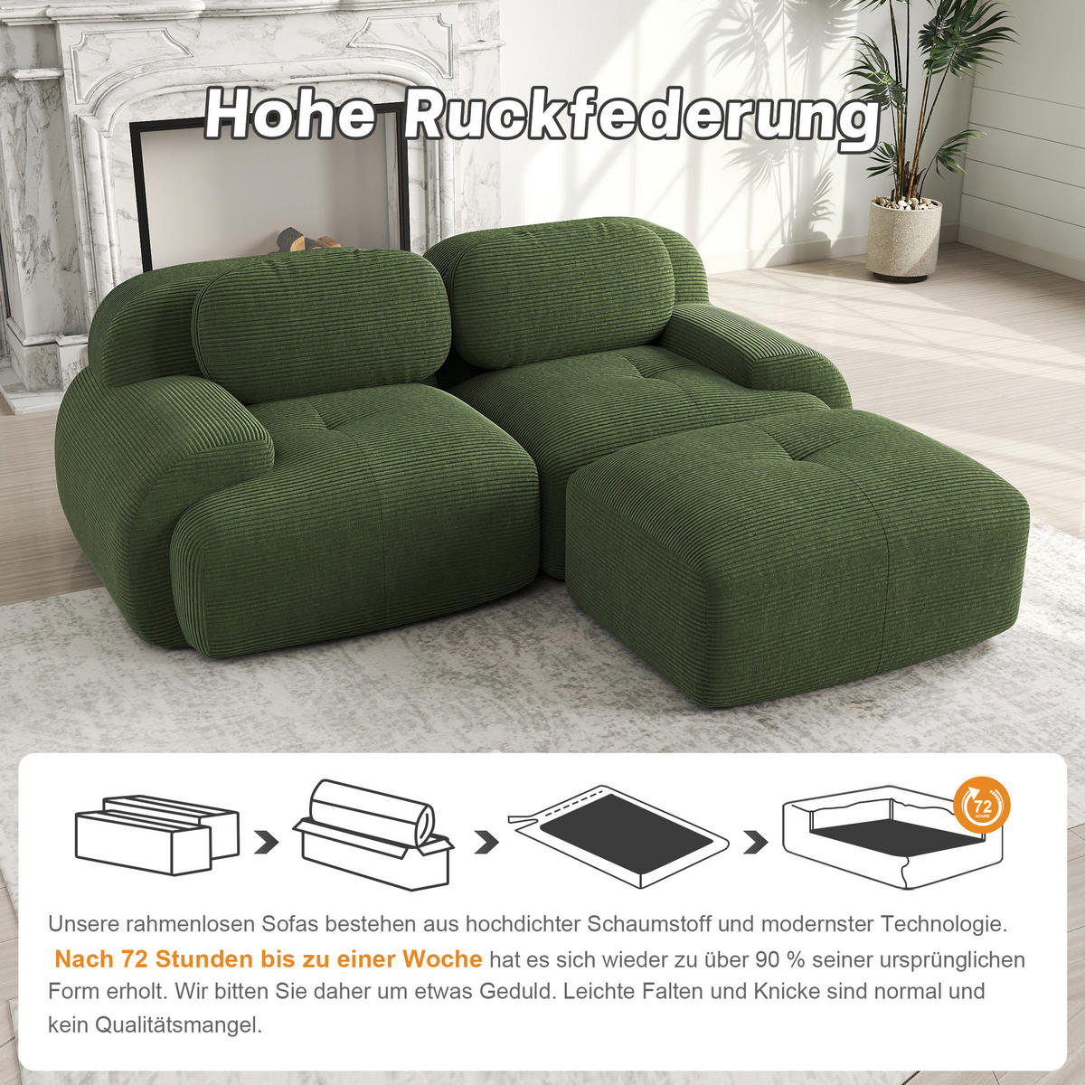 ECKSOFA in Grün aus weichem Cordstoff - Grün, Holzwerkstoff/Textil (208/178cm) - CHICFURN