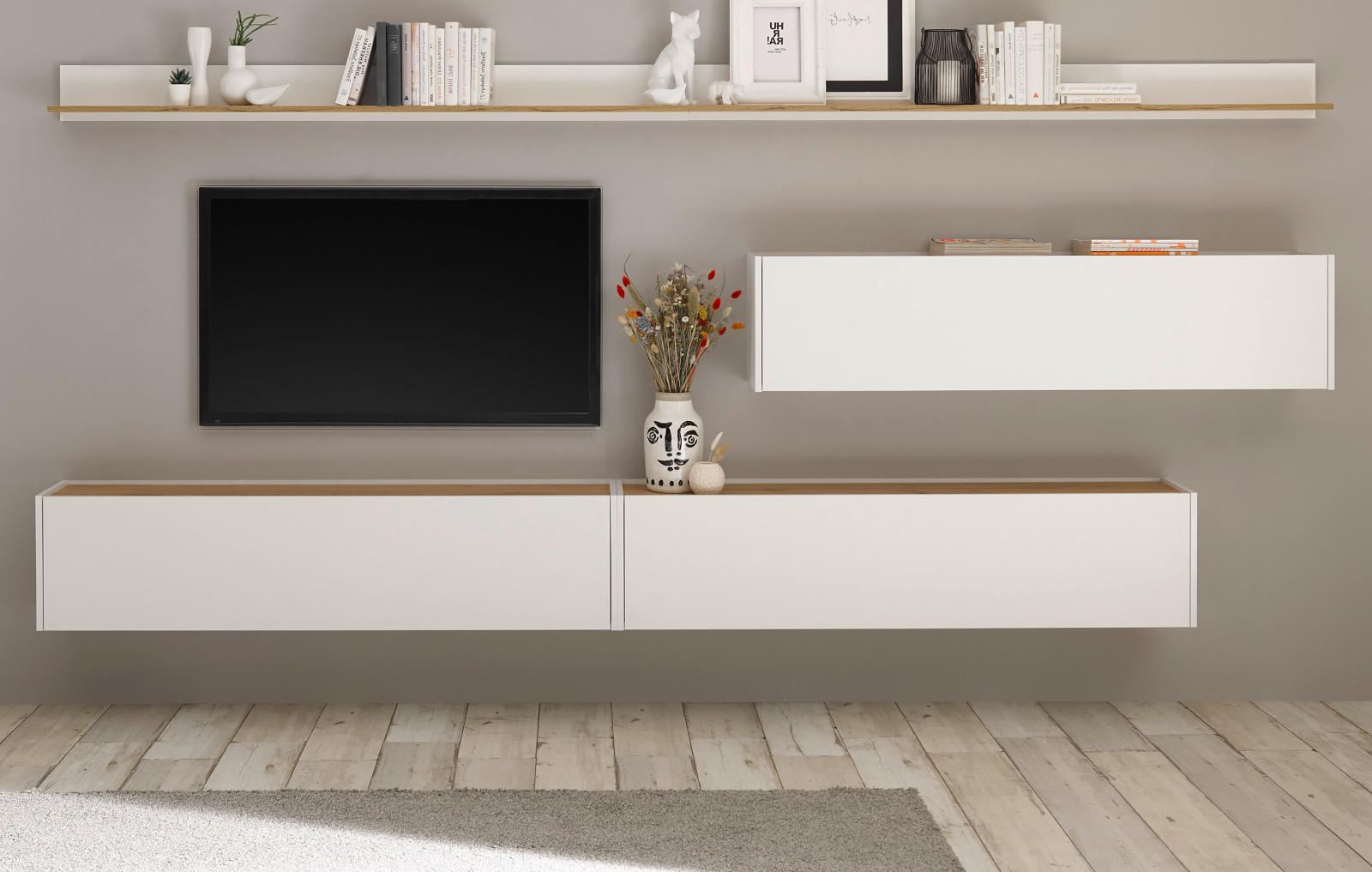 WOHNWAND 5-teilig weiß, Eiche Wotan 340 cm, Schrankwand mit mit XXL-Board - Eiche Wotan/Weiß, Holz/Holzwerkstoff (340/180/30cm) - Furn.Design