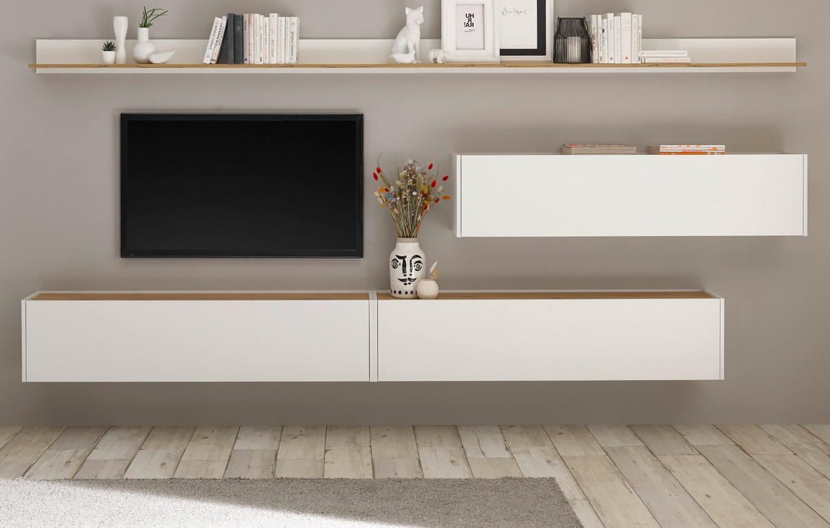 WOHNWAND 5-teilig weiß, Eiche Wotan 340 cm, Schrankwand mit mit XXL-Board - Eiche Wotan/Weiß, Holz/Holzwerkstoff (340/180/30cm) - Furn.Design