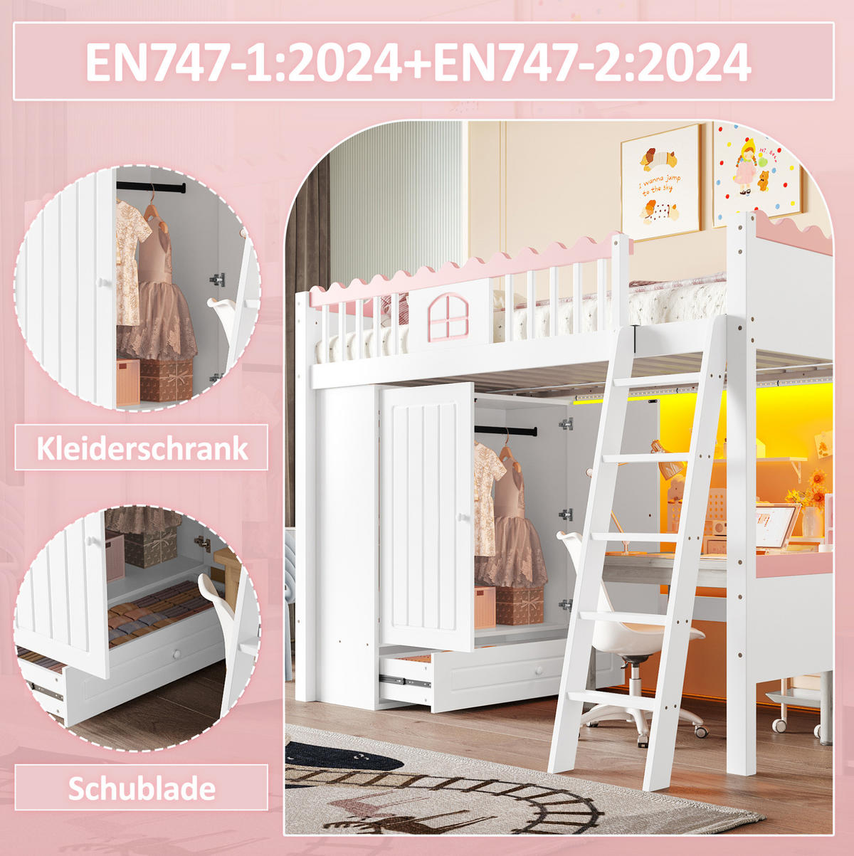 HOCHBETT 90/200 cm in Weiß mit Kleiderschrank, Schublade und LED-Leiste - Weiß, Holz (90/200cm) - BEAOK