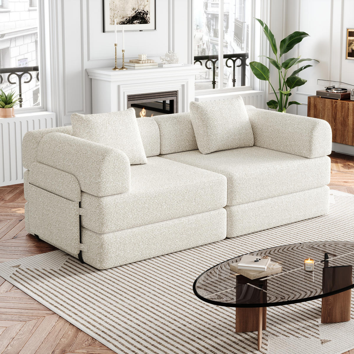 2-SITZER SOFA Chenille Beige mit Armlehnen-Ablagefach - Beige, Textil (183.8/69.8/91.4cm) - WISHDOR