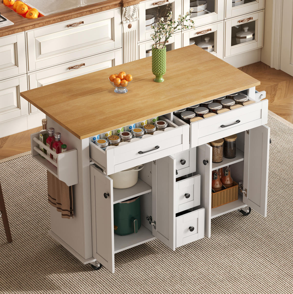 KÜCHENINSEL 140/40(65)/89 cm mit ausklappbarer Arbeitsplatte, 5 Schubladen und Rollen aus MDF, Weiß/Natur - Weiß, Holzwerkstoff (140/89/65cm) - Redom