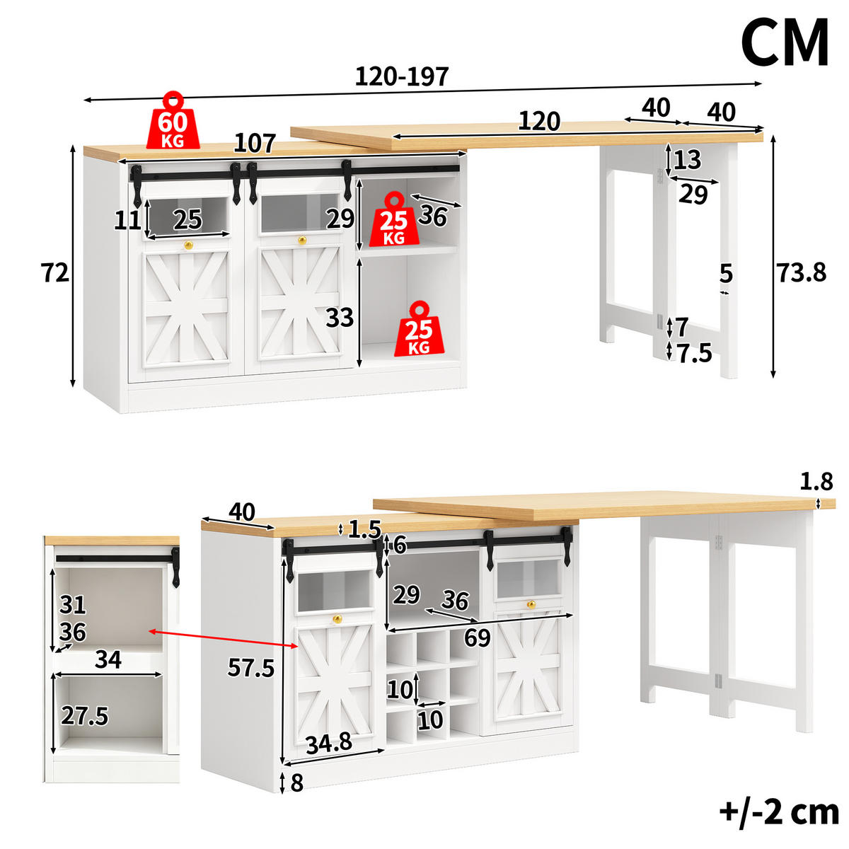 BARTISCH DE-38582 ausziehbar 120-197 cm 360° drehbar und RGB-LED Weiß - Weiß, Holzwerkstoff (40/120/72cm) - ComfortXL