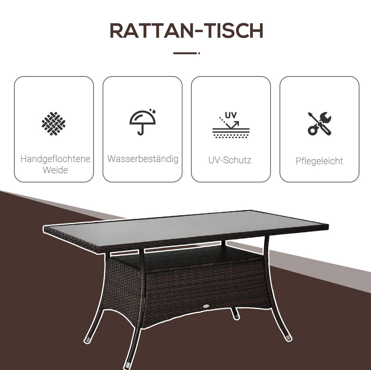 GARTENTISCH 150/85/74 cm mit Sicherheitsglasplatte, wetterfestem Polyrattan und Metallgestell, Braun - Braun, Metall (150/85/74cm) - Redom