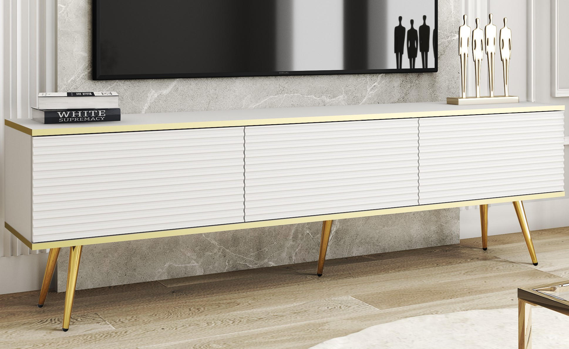 TV-SCHRANK Oris Weiß matt mit goldenen Beinen Glamour Style 175 cm - Goldfarben/Weiß, Holzwerkstoff/Metall (175/53/32cm) - Meble Lindner