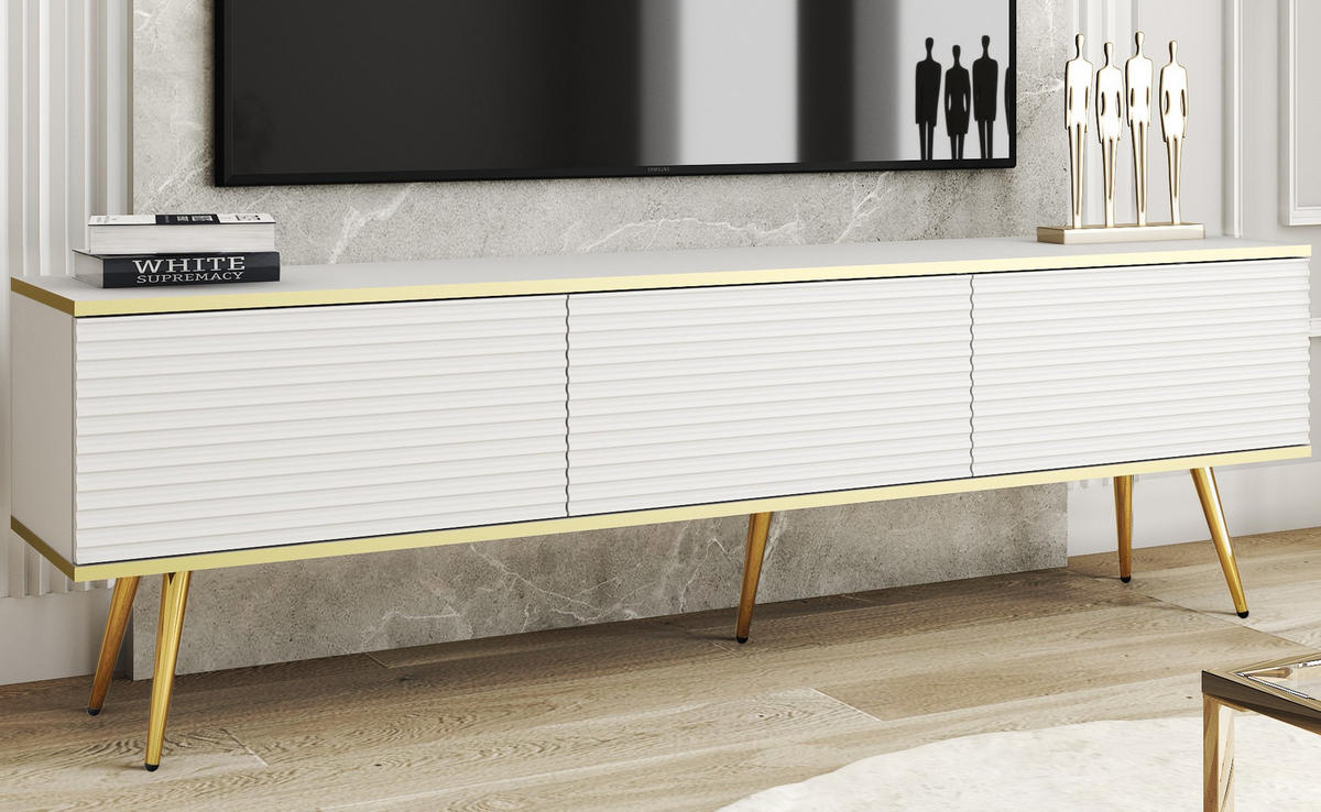 TV-SCHRANK Oris Weiß matt mit goldenen Beinen Glamour Style 175 cm - Goldfarben/Weiß, Holzwerkstoff/Metall (175/53/32cm) - Meble Lindner
