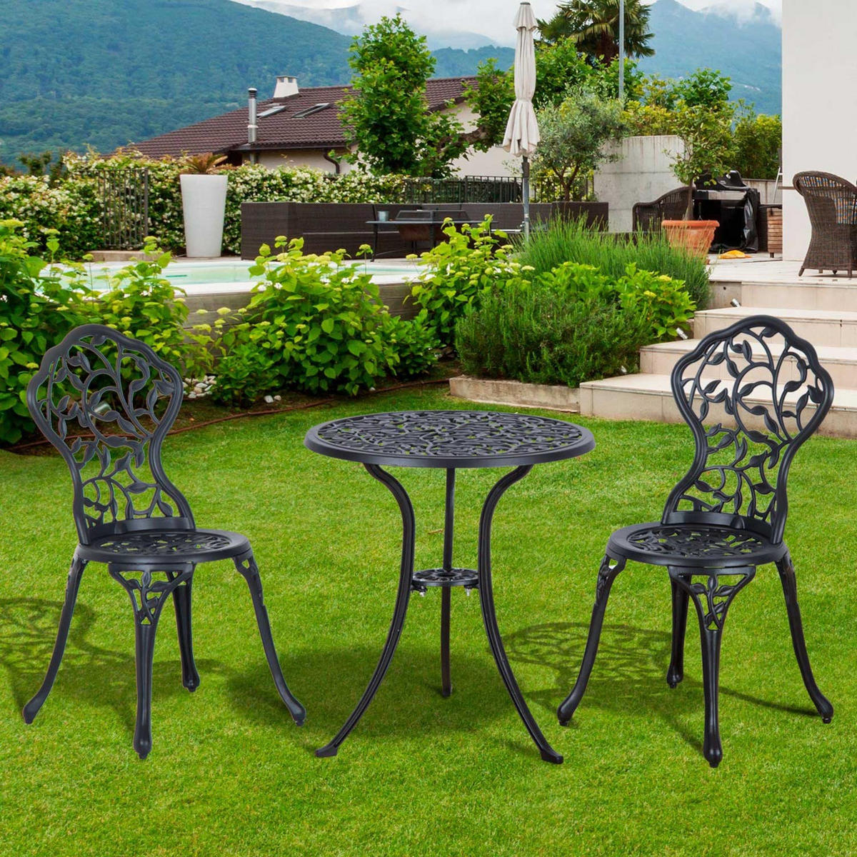 BISTROSET DE-07356 für 2 Personen mit Tisch und 2 Stühlen Schwarz - Schwarz, Metall - ComfortXL