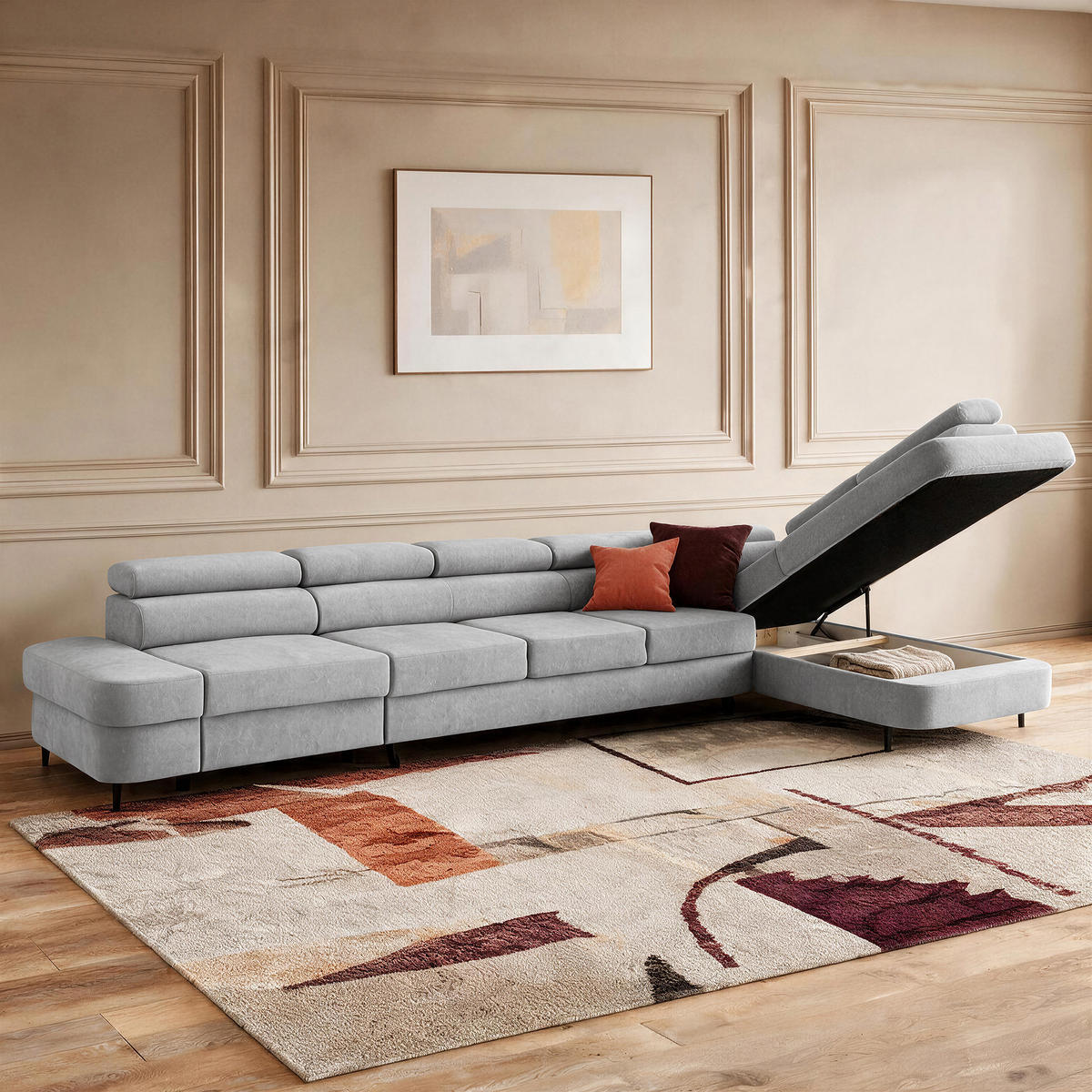 ECKSOFA PRIAM XXL L-Form Rechts mit Schlaffunktion 125x265 Velours Hellgrau - Hellgrau/Schwarz, Holz/Textil (420/203cm) - Muffo