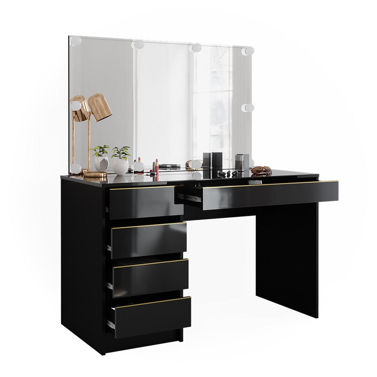 SCHMINKTISCH Sherry Schwarz/Gold 120 cm mit LED Beleuchtung - Goldfarben/Schwarz, Holzwerkstoff (120/75/55cm) - Vicco