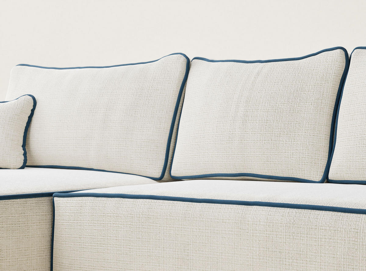 ECKSOFA MIT SCHLAFFUNKTION Modo Ecru-Dunkelblau Chenille-Stoff - Links Seite - Ecru/Schwarz, Holz/Holzwerkstoff (185/294cm) - Maison de Reve