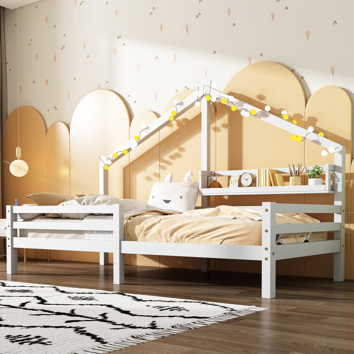 POSTELJA v obliki hiše 90/200 cm bela z zaščitno ograjo in zadnjo polico iz bora - bela, leseni material (90/200cm) - OKWISH