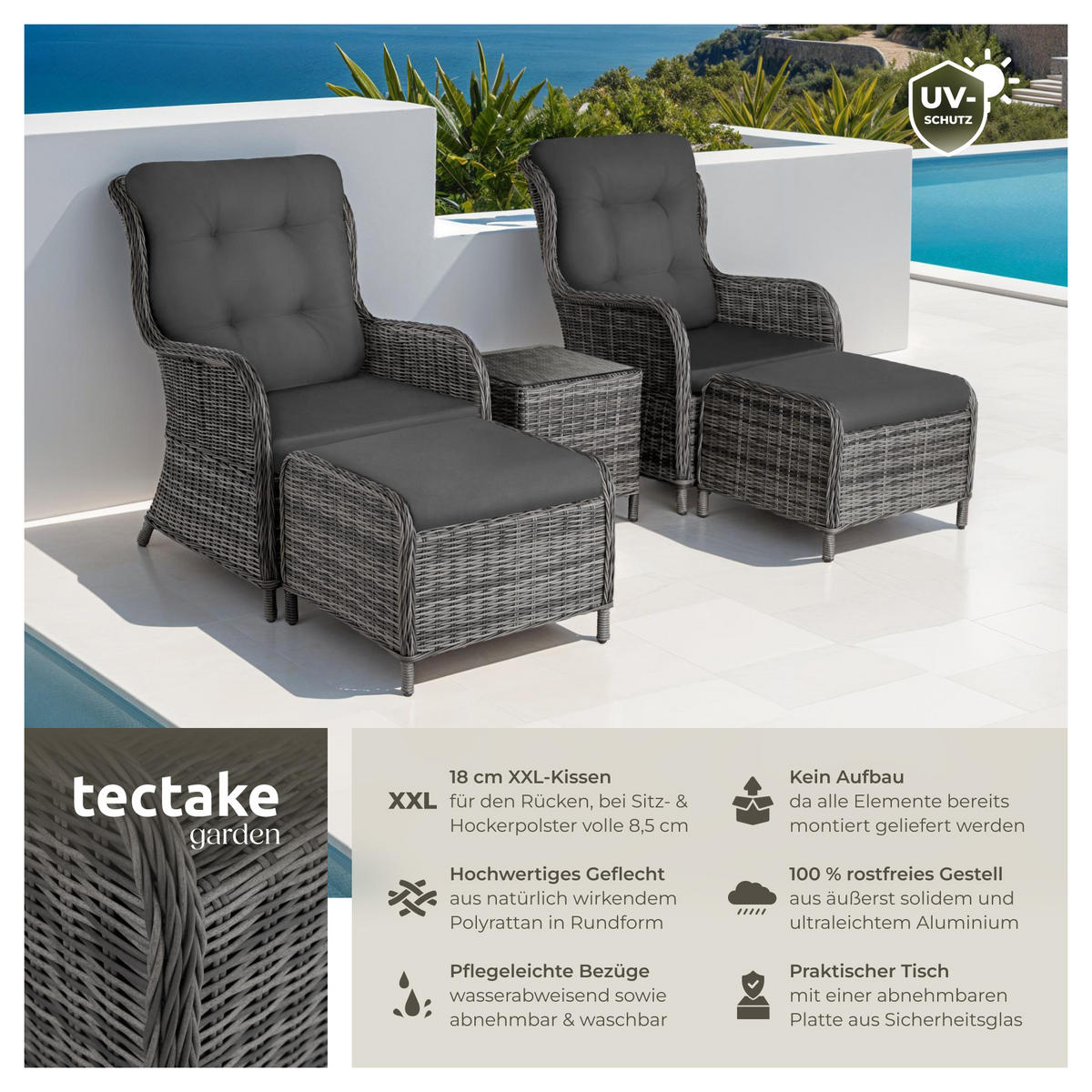RATTAN SITZGRUPPE Benissa,mit Sicherheitsglasplatte,grau-meliert/grau - Grau, Kunststoff - tectake