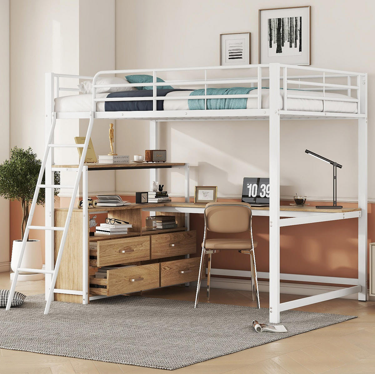 HOCHBETT aus Metall und MDF 140x200 cm Weiß mit L-förmigem Schreibtisch und 4 Schubladen - Weiß, Holzwerkstoff (140/200cm) - Modfu