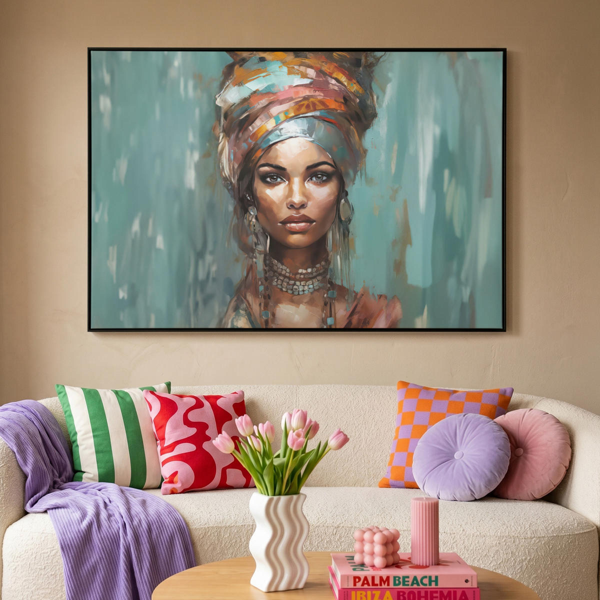 LEINWAND Bilder mit Rahmen - Frau - Kunst - Schmuck - Porträt - 150x100 - Blaugrau, Textil (150/100cm) - MuchoWow