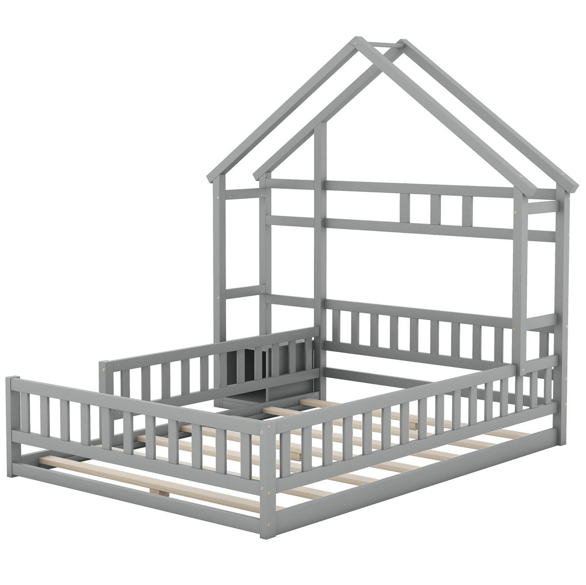 HAUSBETT 140/200 cm Grau aus Kiefernholz und MDF mit Geländer und Nachttisch - Grau, Holz (140/200cm) - OKMYHOME