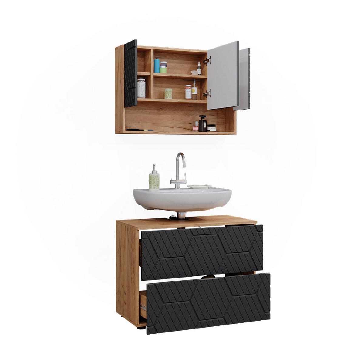 BADMÖBEL-SET Irma Anthrazit gestreift 2 Teile, Unterschrank 80 cm - Honigeiche/Anthrazit, Holzwerkstoff (80/58.6/41cm) - Vicco