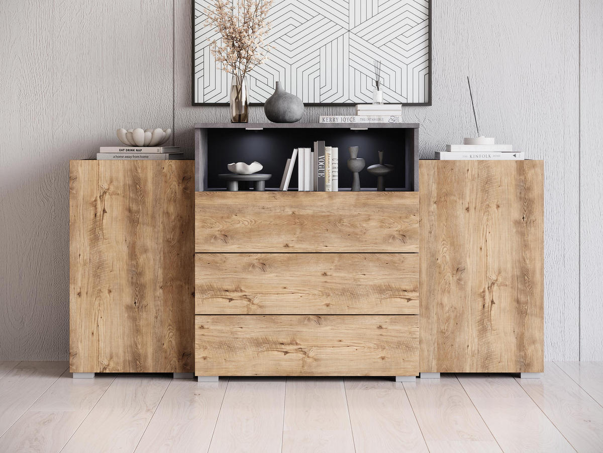 SIDEBOARD Urban III - weißer LED Beleuchtung - Alufarben/Braun, Holzwerkstoff/Kunststoff (150/81/39cm) - MIRJAN24