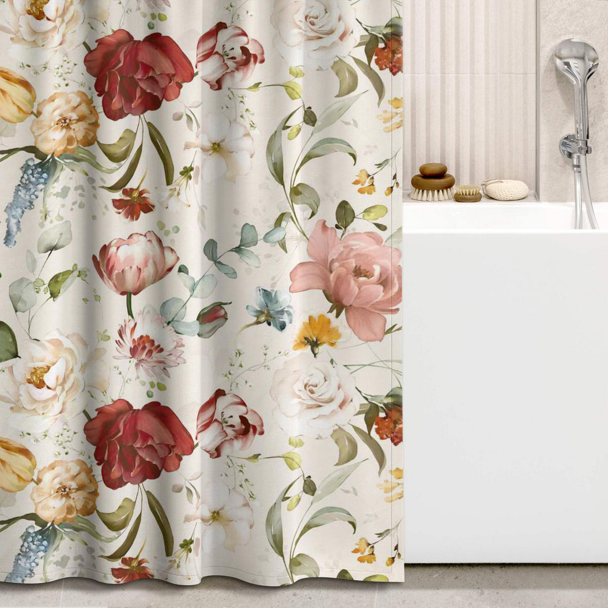 DUSCHVORHANG Blumen Aquarell Vintage Muster auf Beige 200/180 cm - Beige, Textil (200/180cm) - Bilderwelten