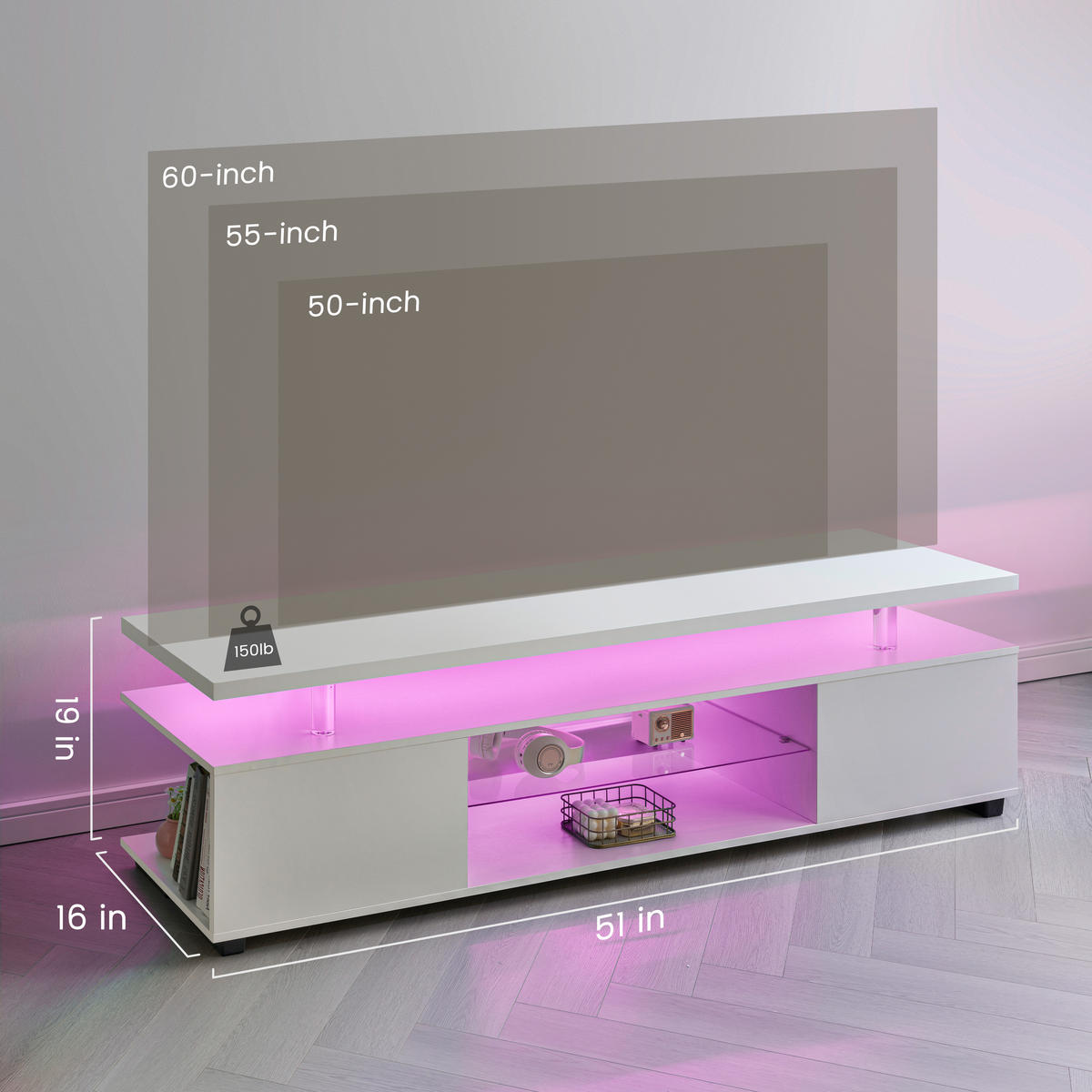 LOWBOARD DE-40487 LED mit seitlichem Schrank Weiß - Weiß, Holzwerkstoff (130/48/40cm) - ComfortXL