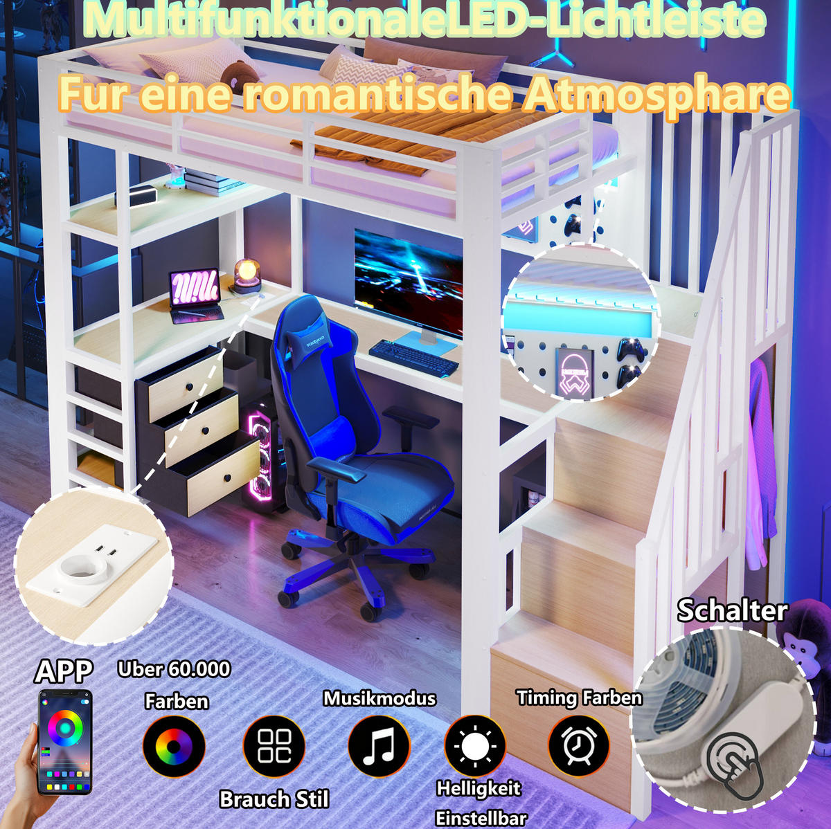 HOCHBETT 90/200 cm, Weiß mit Schubladen, Tisch, Steckdose und LED-Licht - Weiß, Metall (90/200cm) - MIVRAY