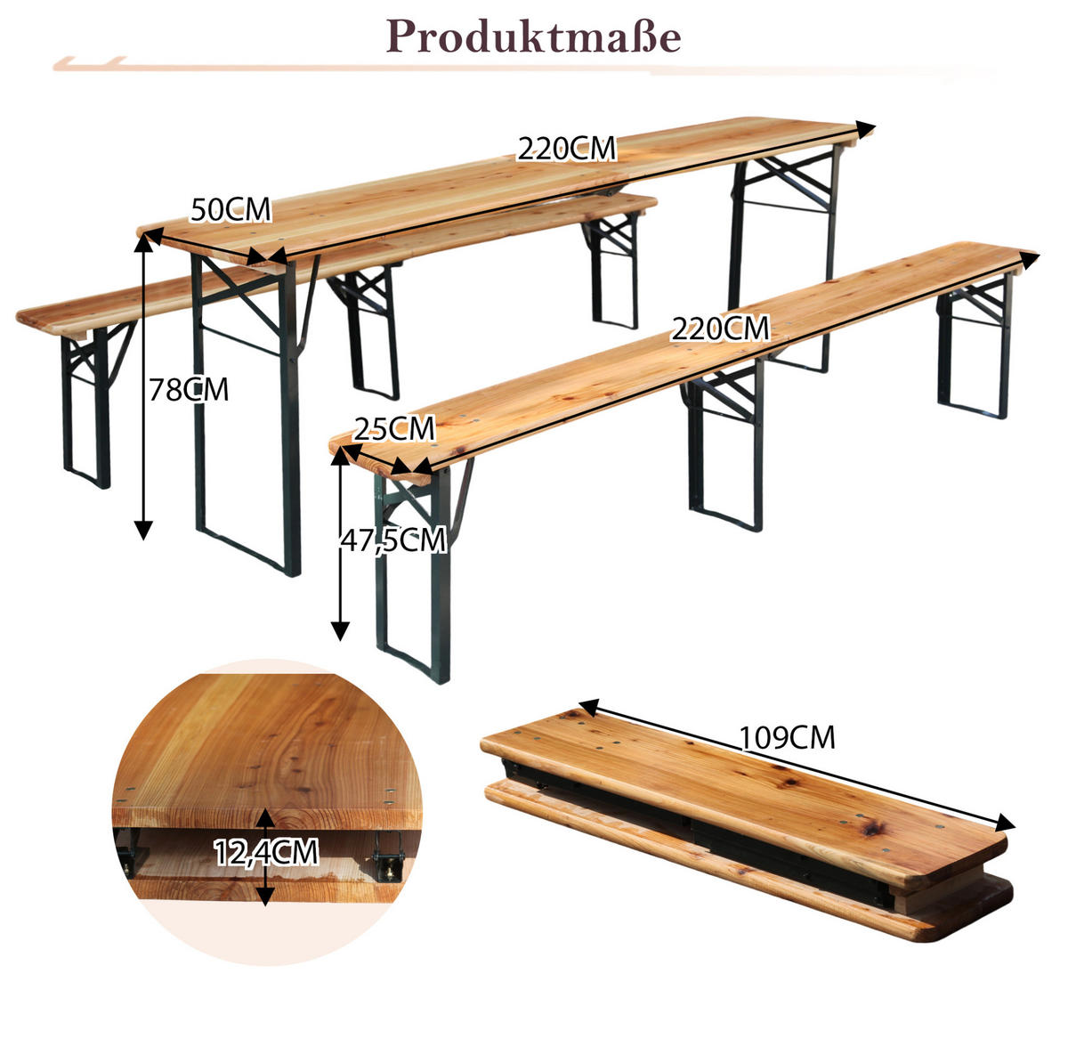 BIERZELTGARNITUR 220/50/78 cm klappbar, 3-teilig und wetterbeständig, Holzfarbe - Naturfarben, Metall - Redom