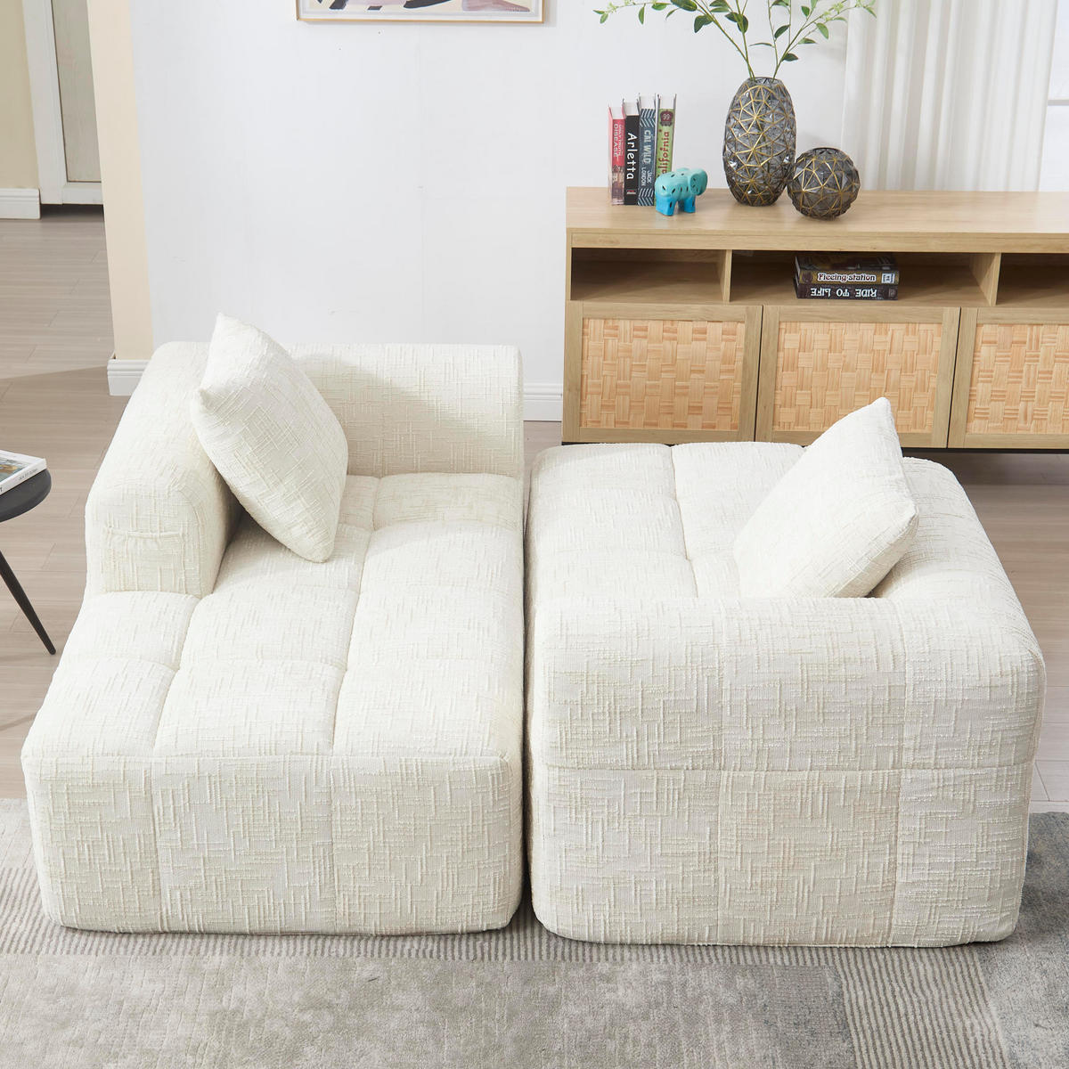 ECKSOFA 250/158/60 cm mit Chaiselongue, 3 Kissen und Seitentaschen, Chenille, Beige - Weiß, Textil (158/250cm) - Redom