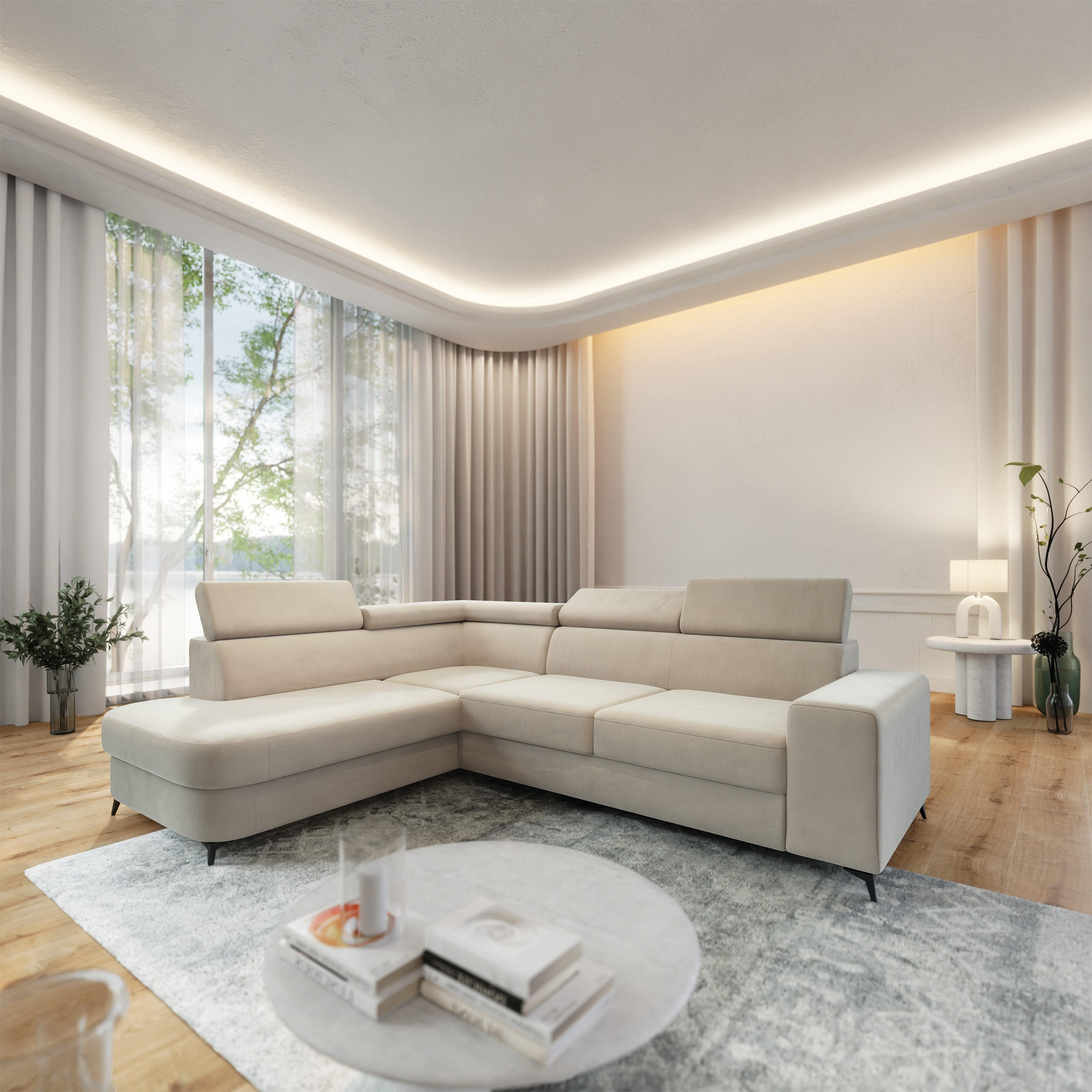 ECKSOFA ALVORO L-S Creme Velours-Stoff mit Schlaffunktion - Creme, Holz (253/190cm) - MASSENO