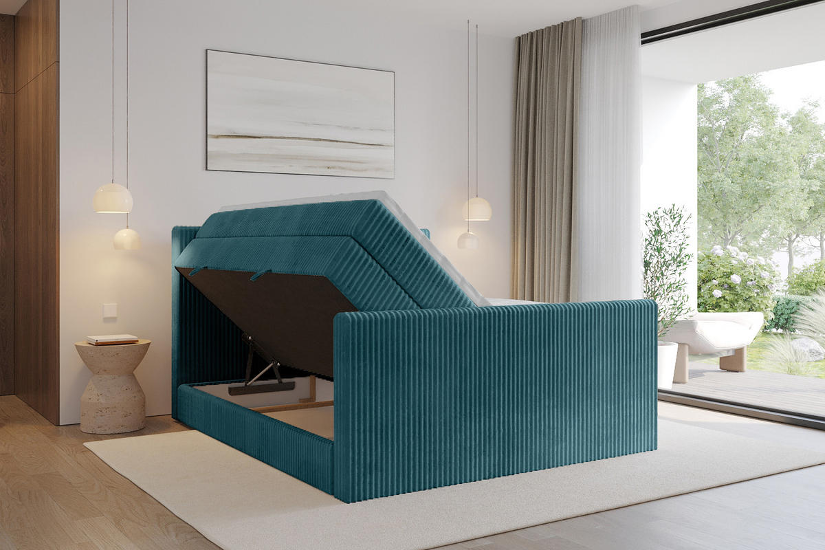 BOXSPRINGBETT mit Matratze H3|H4 und Lattenrost - TOLO-Z KING 200x200 Cord - Blau - Blau, Holzwerkstoff (200/200cm) - ALTDECOR