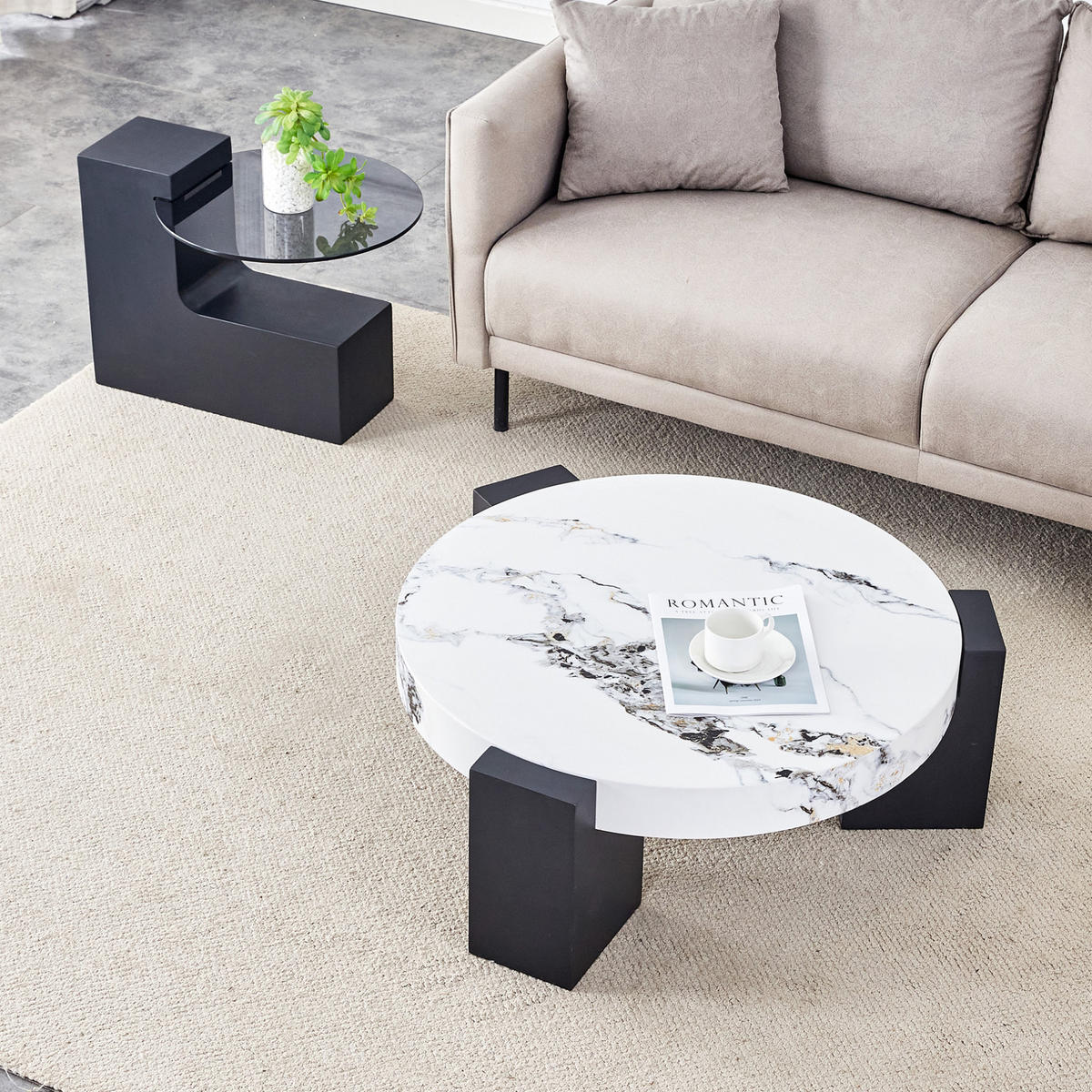 BEISTELLTISCH-SET 61/61/30 und 44/44/44 cm, zerlegbar mit Marmor-Optik, MDF und Glas, Weiß/Schwarz - Schwarz, Holzwerkstoff (61/61/30cm) - Redom