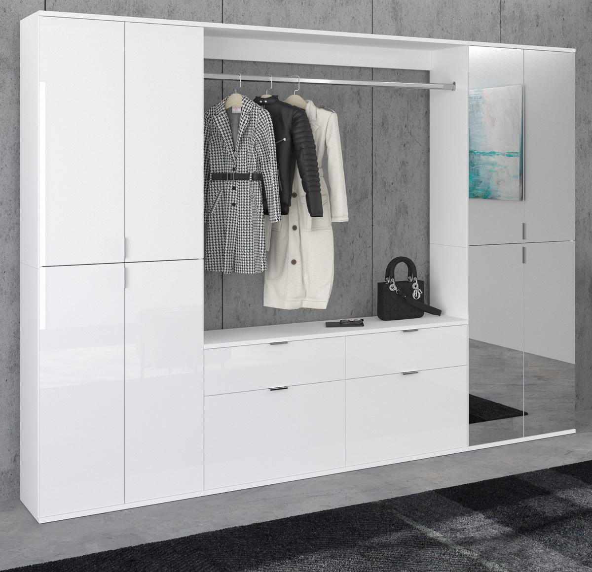 GARDEROBEN-SET weiß Hochglanz 243 cm mit Spiegel, Flurgarderobe - Chromfarben/Weiß Hochglanz, Glas/Holzwerkstoff (243/193/34cm) - Inn.Furn