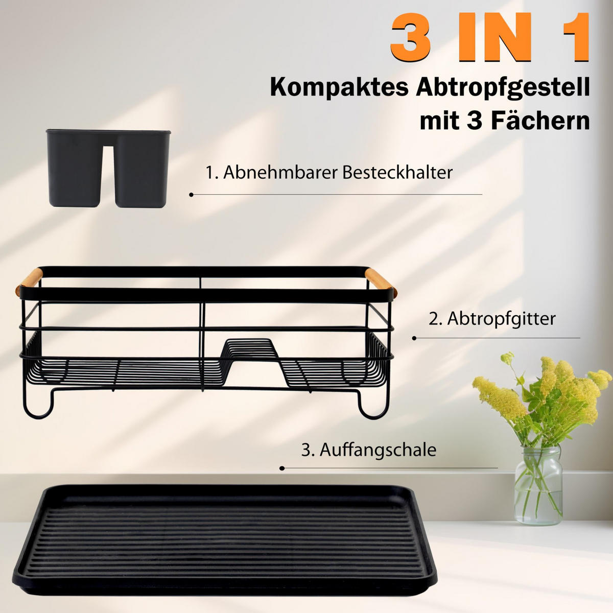 GESCHIRR-ABTROPFGESTELL 14x42x30cm Metall/Holz - Schwarz, Metall (42/14/30cm) - CHEFGASTRO