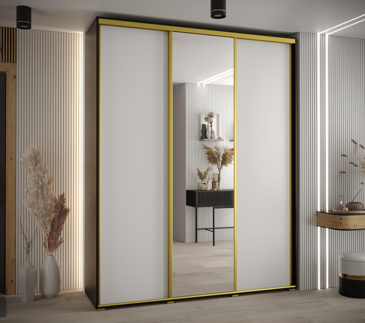 SCHWEBETÜRENSCHRANK 235,2/200/60 3-türig - Goldfarben/Schwarz, Holz/Metall (200/235/60cm) - Abiks Möbel