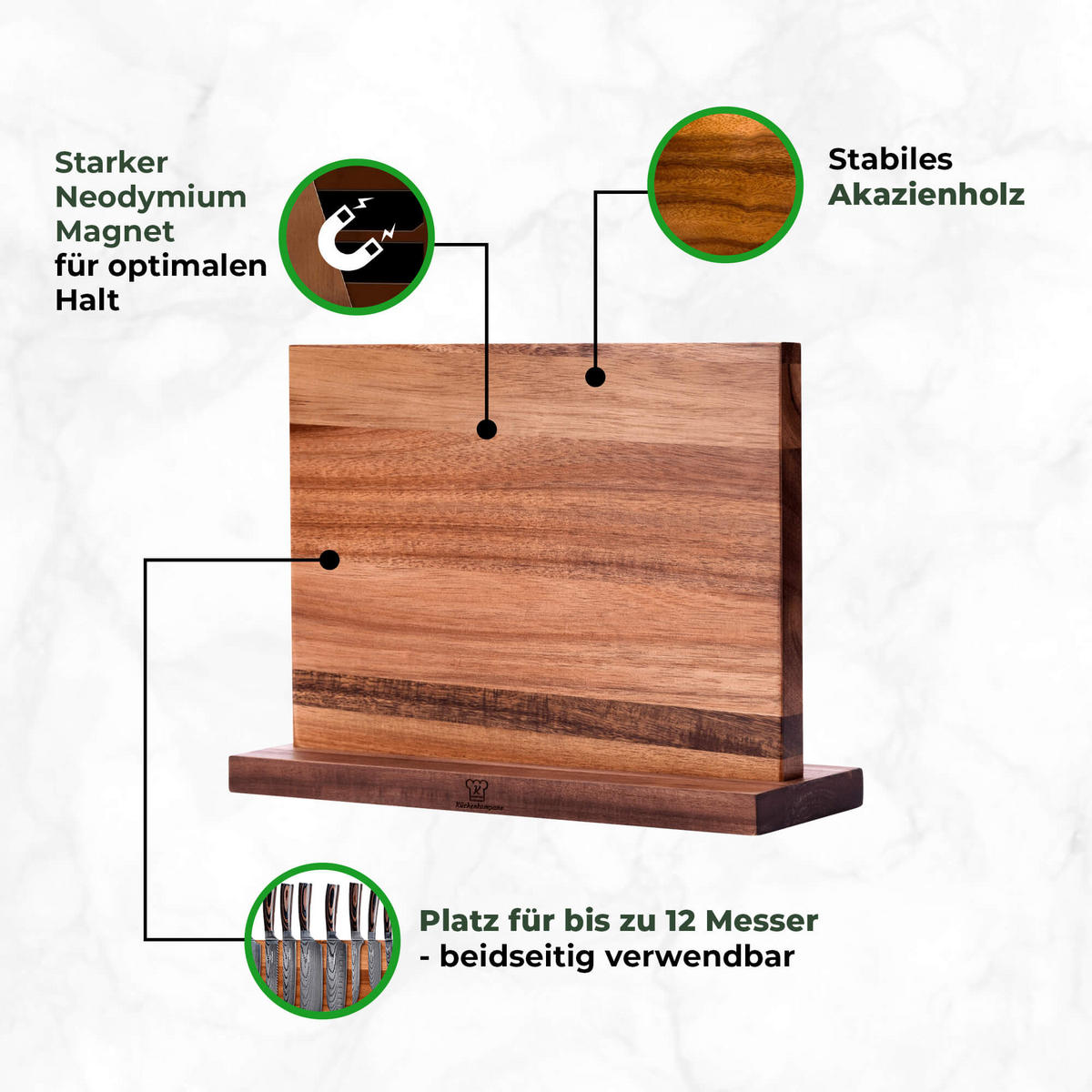 MESSER-SET 9-tlg. mit magnetischem Holz-Messerblock und Edelstahlklingen - Braun, Holz - Küchenkompane