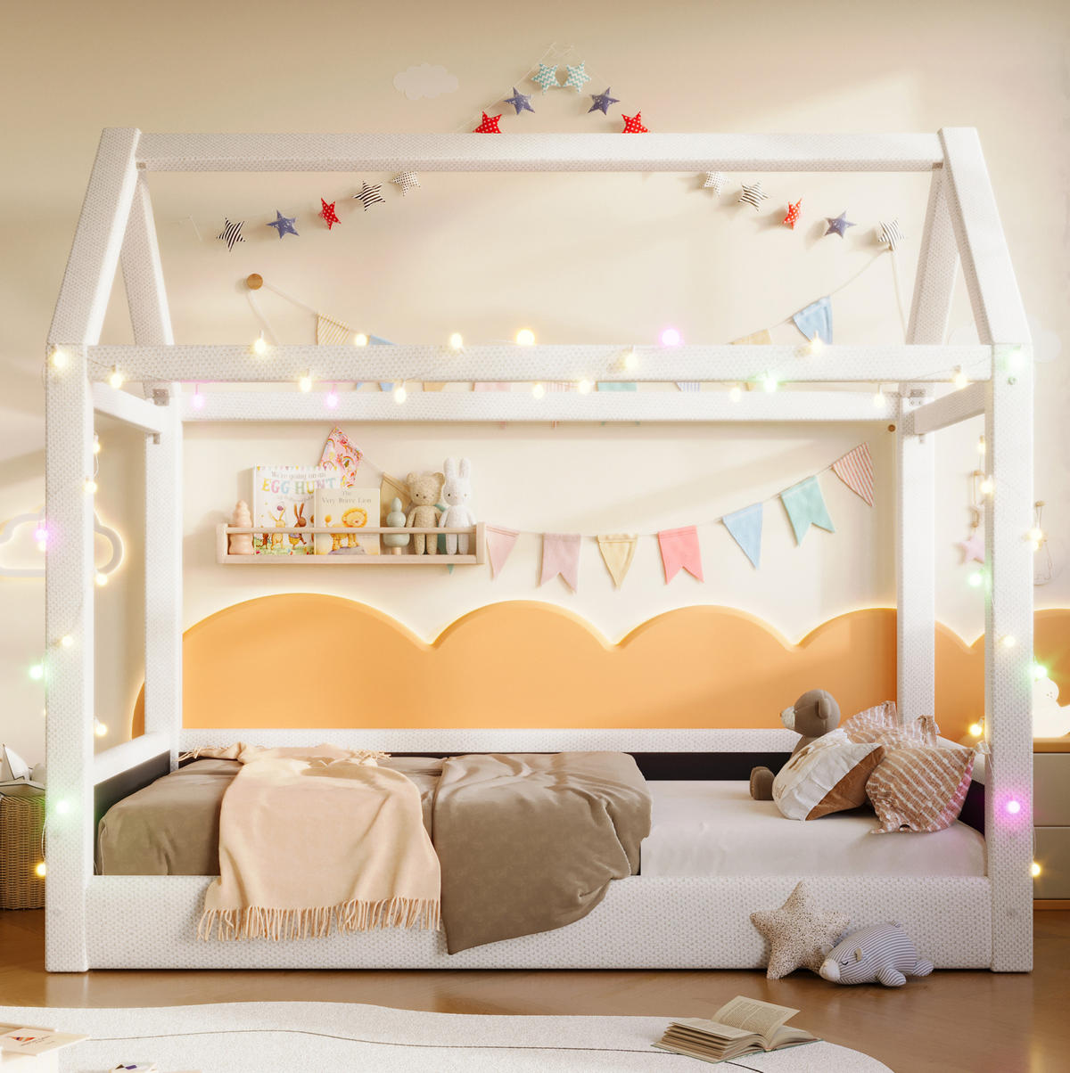 POLSTERBETT 90/200 cm Beige Hausbett mit LED-Beleuchtung - Beige, Textil (90/200cm) - OKWISH