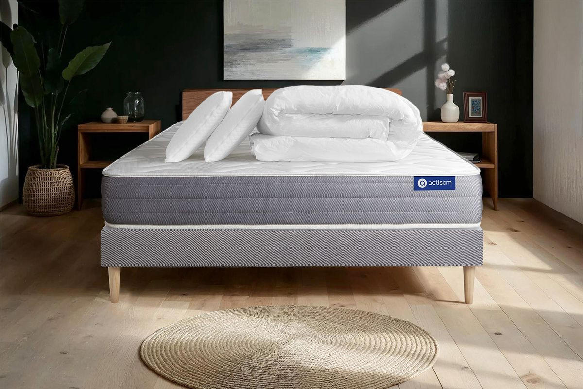BETT Actiflex dream Taschenfederkern und Memory-Schaum 200 x 200 cm h1 - Kit Bettgestell Grau - Mit Kissen und Bettdecke - Beige/Grau, Karton/Holz (200/200cm) - ACTISOM