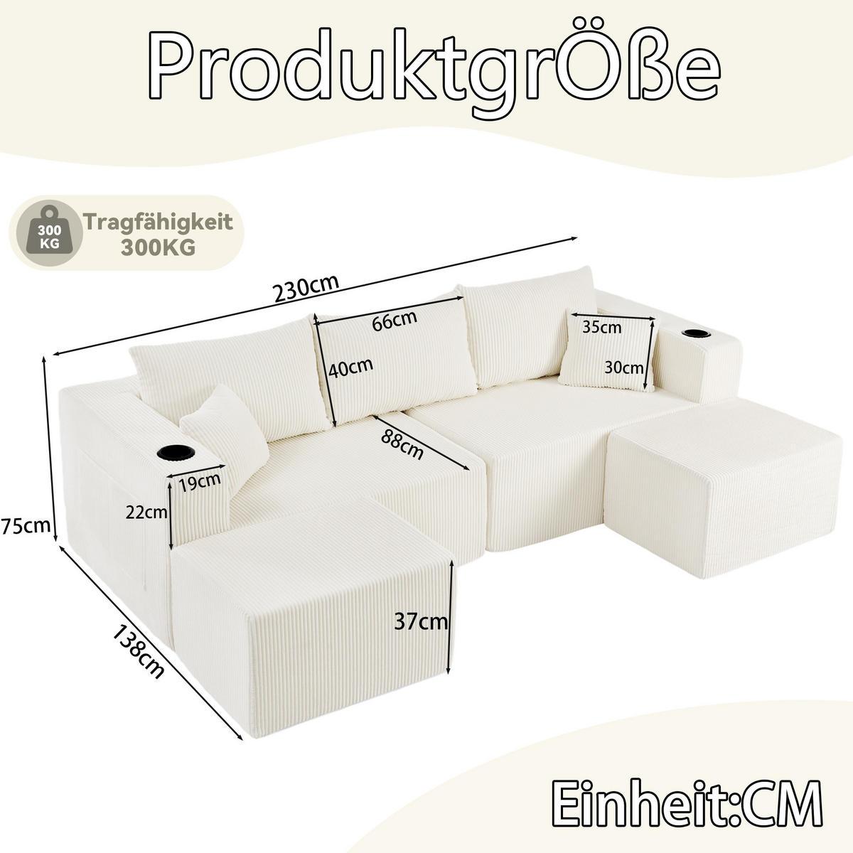 WOHNLANDSCHAFT DE-34629 modular mit 2 Ottomanen Beige - Beige, Textil (138/75/230cm) - ComfortXL