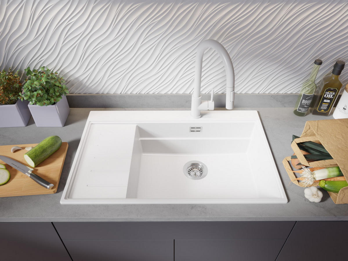 GRANITSPÜLE Sydney, 2-er set Weiß 78/50 cm 1 Becken + Küchenarmatur 32/20 cm + Ablauf-Set + Küchenzubehörset ab 60er Unterschrank - Chromfarben/Beige, Kunststoff (78/20/50cm) - Primagran