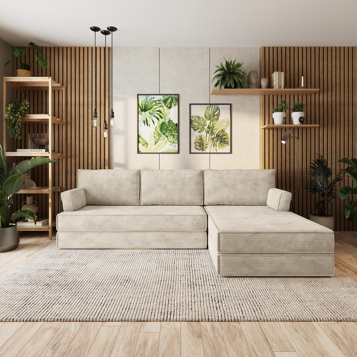 ECKSOFA ANKO modulares Boneless Sofa mit Schlaffunktion Creme Kordstoff - Creme, Textil (270/160cm) - MASSENO